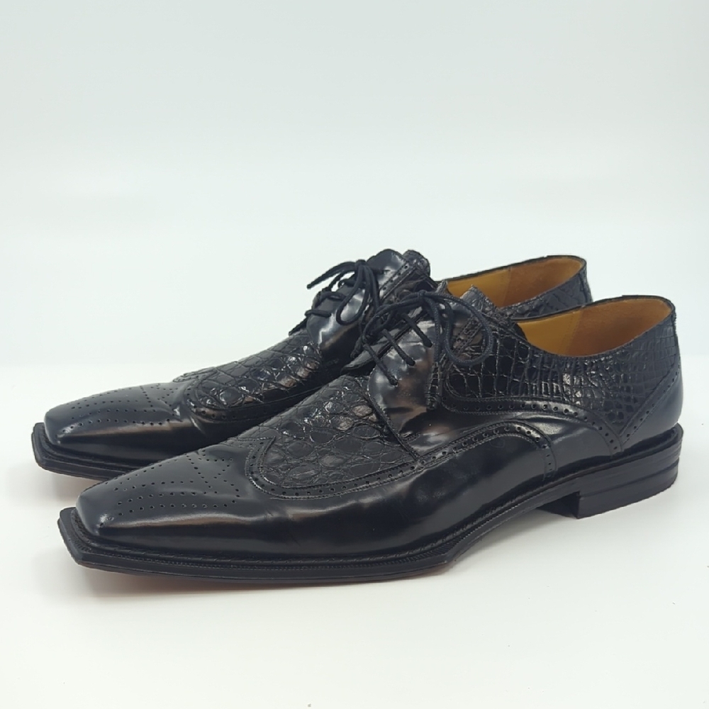 MEZLAN Platinum Wingtip Oxford Lace Up Shoes Black Crocodile Inset Sz 16